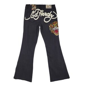 ED HARDY Womens Tiger Head Slim Flare Jean Faded Black SZ 30 NWT Y2